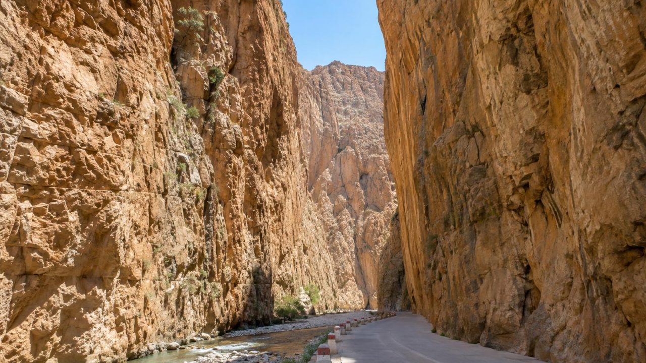 Les parois calcaires verticales des gorges du Todra dominant l'étroite route du canyon