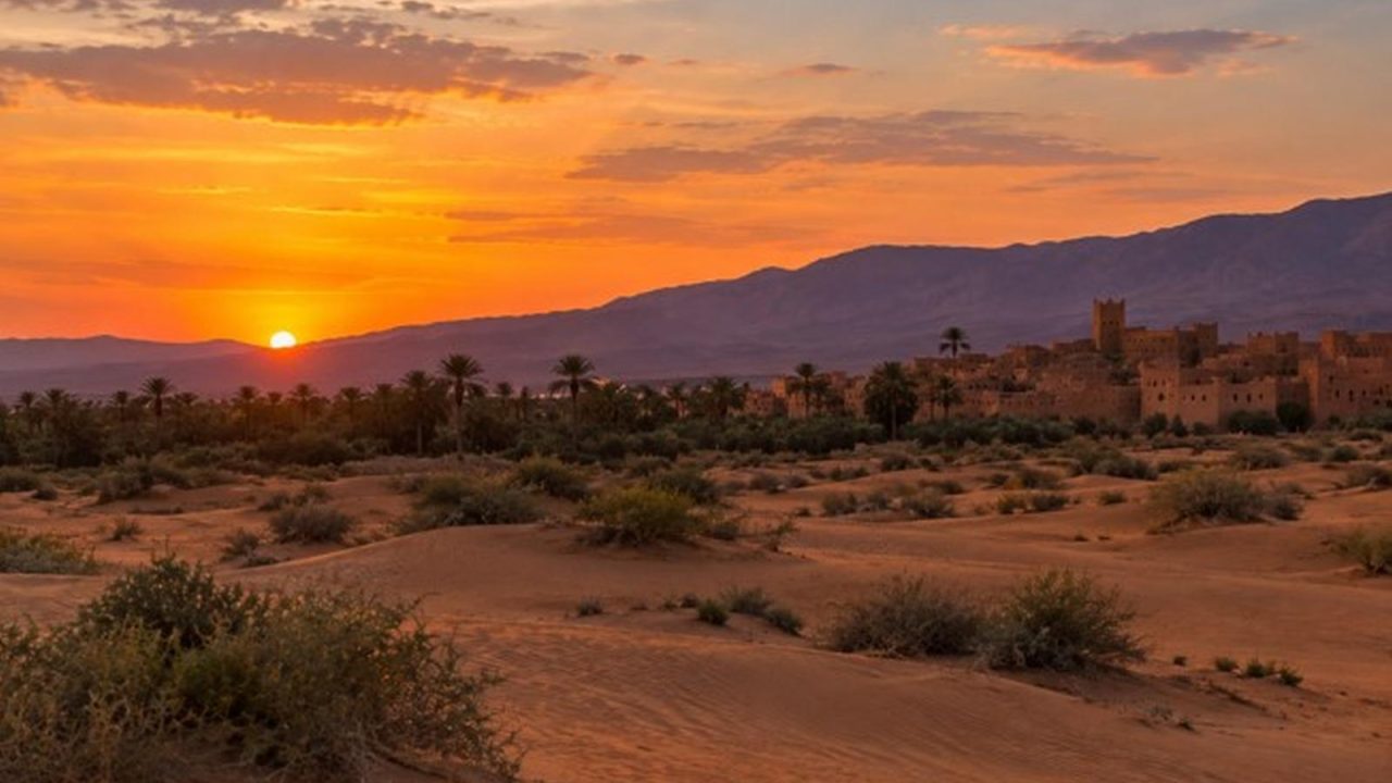 Small sand dunes and desert scrub on the outskirts of Zagora at dusk